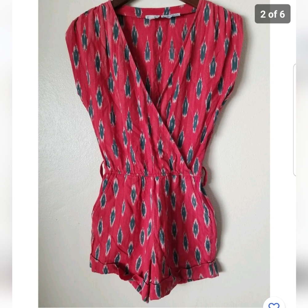 STEVEN ALAN Women's Authentic Red Bleeding‎ Madras V Neck Shorts Romper Size P